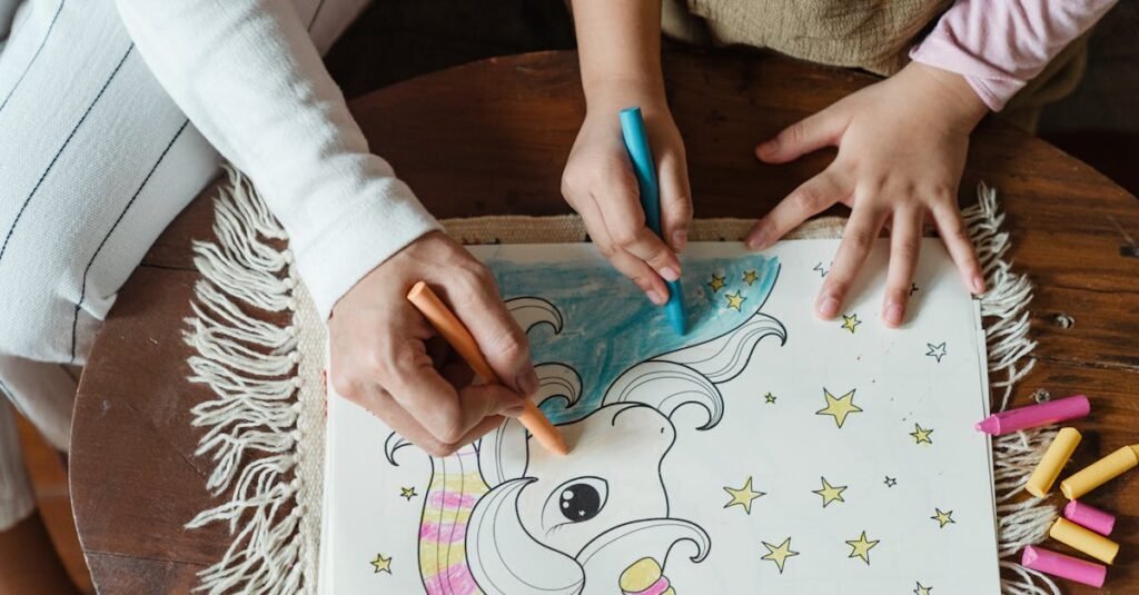 A mother and child enjoying a coloring activity with crayons at home, fostering creativity and bonding.
